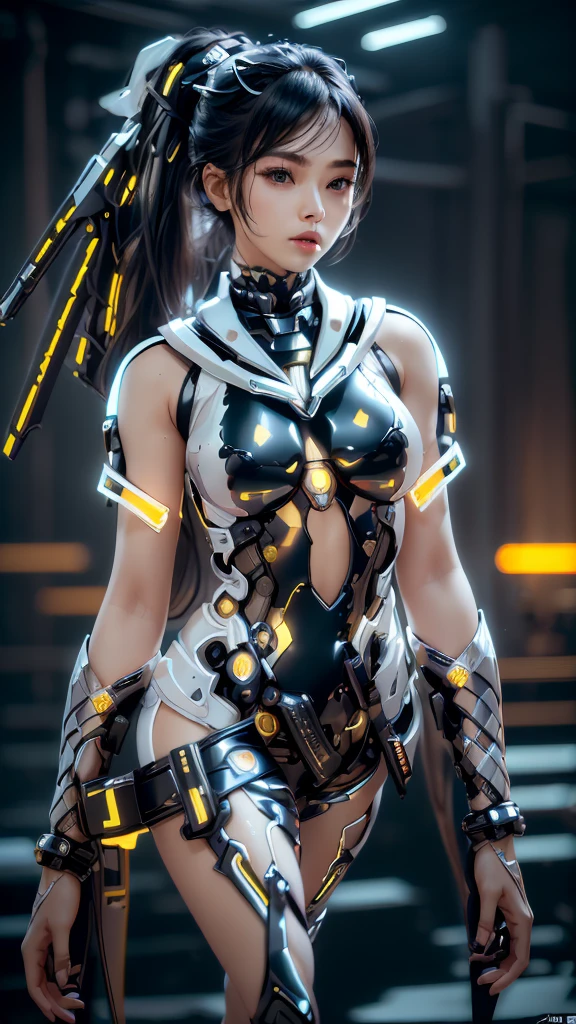 ((best quality)), ((masterpiece)), (detailed), perfect face. real live photo of Stellar Blade, japanese girl with ponytail, futuristic white and black outfit with transparent student sailor design. cybernetic accessories. black background, 8k portrait render, 8 k character details unreal 6 breathtaking detailed ( ( unreal engine ) ), unreal engine 5, masterpice. award winning cinematography. soft focus. highly detailed, intricate details. highly detailed character, photorealistic. unreal engine 5 render.hold katana 