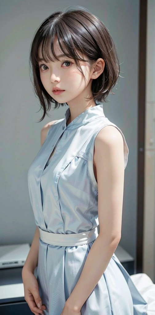 masterpiece, 1 beautiful girl, Delicate eyes, Puffy eyes, best quality, Ultra HD, (Reality: 1.4), original photo, 1 Girl, Movie Lighting, Japan, Asian Beauty, Korean, Super beautiful, Beautiful Skin, slim, Body facing forward, (Ultra-realistic), (high resolution), (8K), (Very detailed), (Best Illustration), (beautifully Delicate eyes), (Extremely detailed) , Delicate face, Looking at the audience, Facing forward, Neat clothes, sleeveless, short hair, Black Hair, Side bangs, A room with a white background as the main theme, Clean atmosphere,