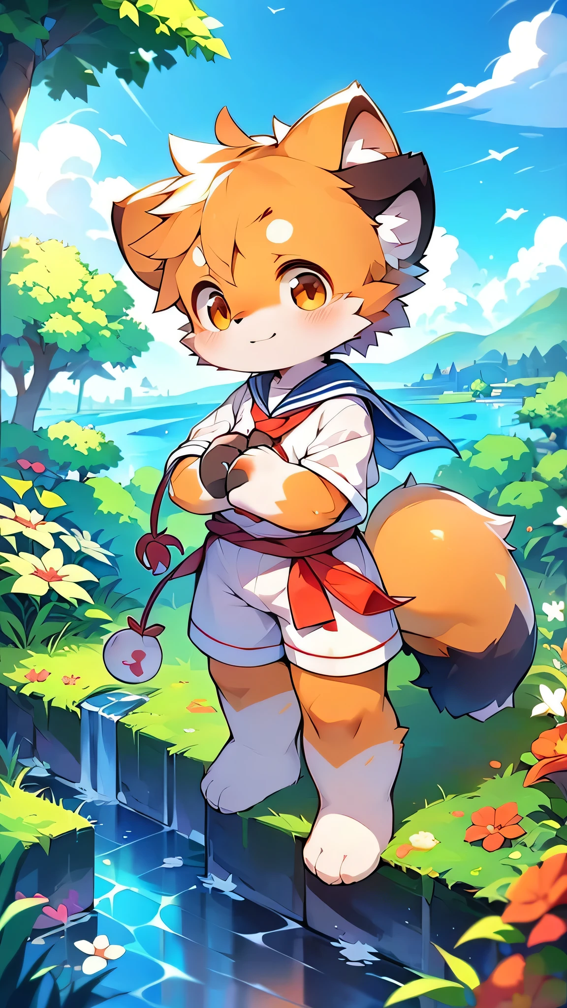 Red Panda Boy,Characteristics of Sailor Suits,super high quality,Very detailed,High resolution,Cute art style in anime,Rice field scenery,:tall stature,pixiv Contest Winner,Official Art,furry animal with a tail,fur art,(Cheerful teenager,13 years old:1.3),alone,single,A man with a pretty face,
