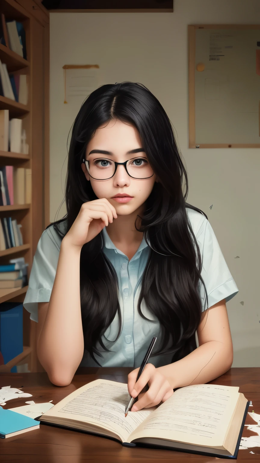 ((best quality)), ((masterpiece)), (detailed), A digital illustration of a teenage girl studying with books and notes scattered around her in a messy but determined manner. She has long black hair and is wearing glasses.