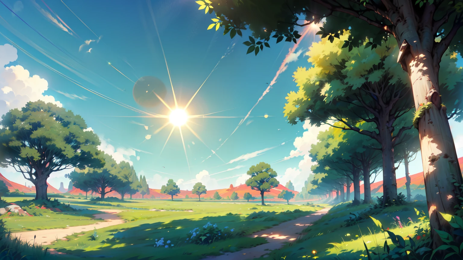 (((sunny morning, a lot of trees, green area))), ((((notable presence of three suns at different points in the blue sky)))), (((horizon view))), ((paisaje)),