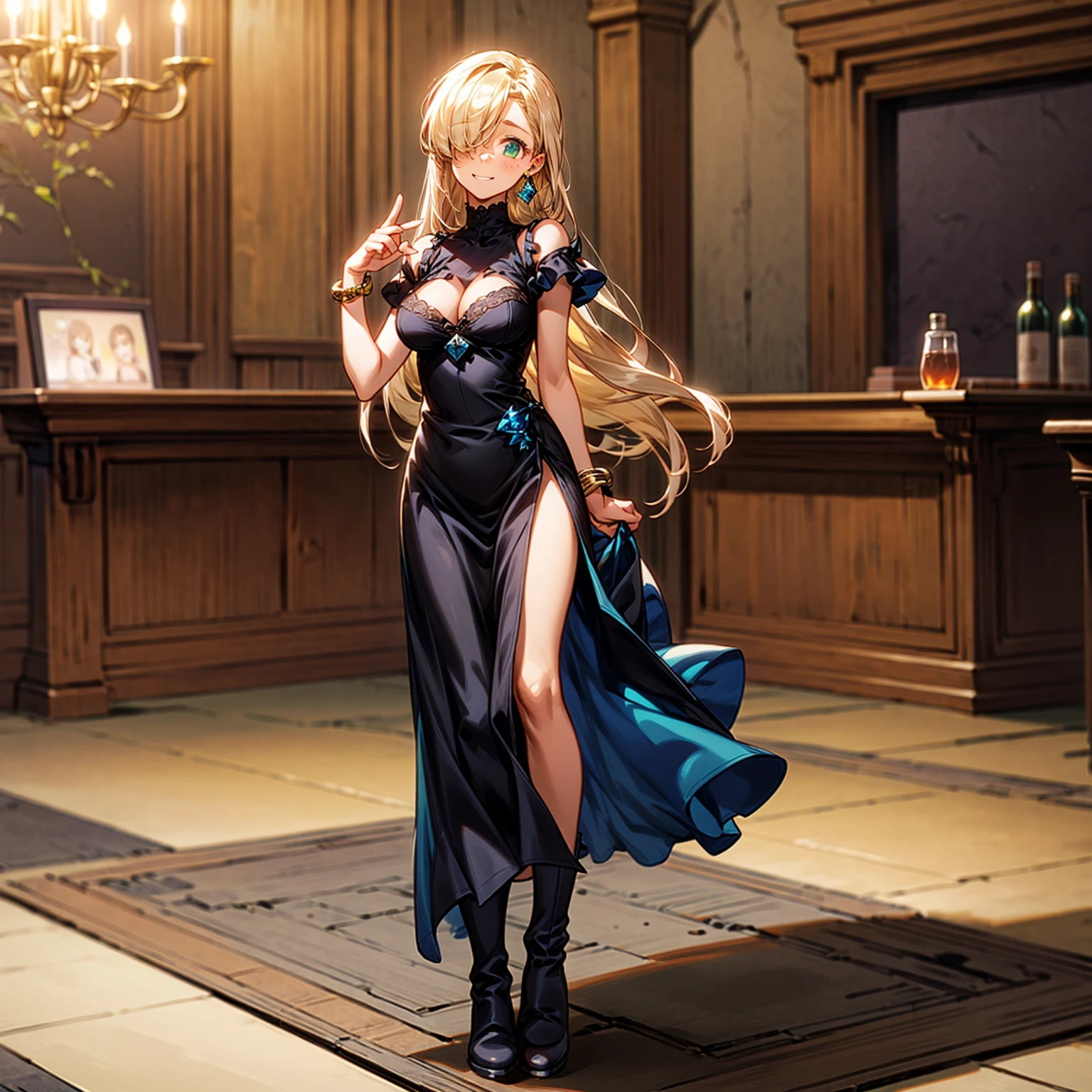 Solo character, full body version, girl, blonde hair, long haircut, one eye covered by hair, green eyes, cute face, sad eyes, smile mouth, long dress, lingerie, black dress, gold bracelet, blue diamond earrings, boots, standing gesture, indoor room bar, detailed background, detailed clothing, detailed hair, detailed face, standing gesture, Big breasts 