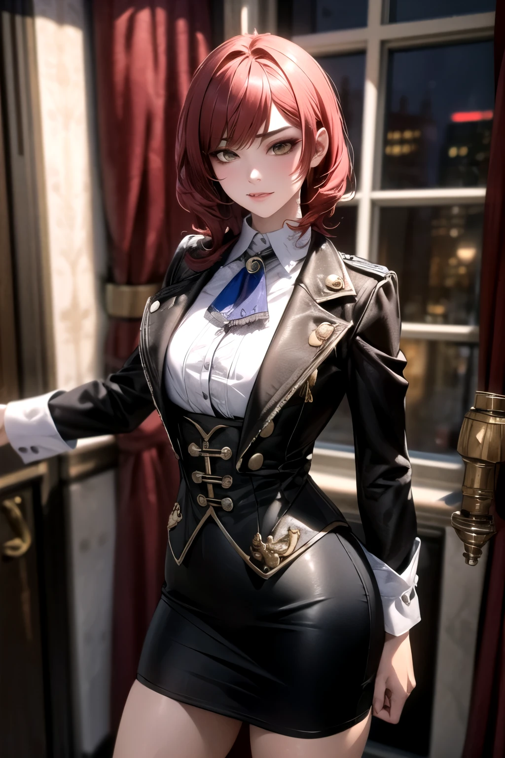 ((best quality)), ((Masterpiece)), (details:1.4), 3d,, HDR (high dynamic range), mature woman, เหมือนจริง, Curtain Bangs, Red hair, White eyes, PBR surface, After processing, Anisotropic filtration,depth of field, Maximum clarity and clarity, multi-layered surface, perfect proportions, 8K raw files, at night, ผมหลายชั้น, Short skirt, retrato masculino steampunk, ตำรวจหญิงดีเซลพังก์, หญิงสาวในชุดสูท, เสื้อผ้าแฟชั่นที่ซับซ้อน, ทหารหญิงแสนสวย