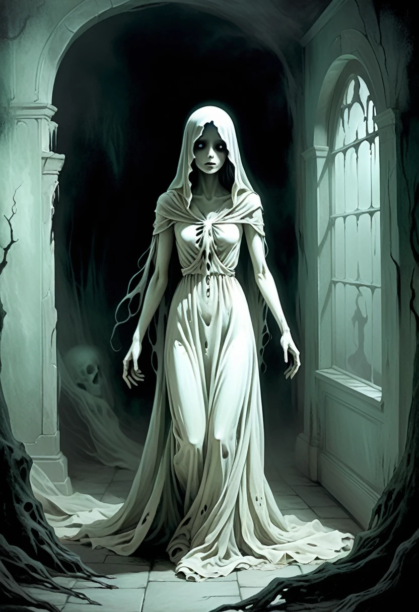 female character, creepy art, pale colors, ghostly apparition, spine-chilling fear, dreadful curse, haunted atmosphere