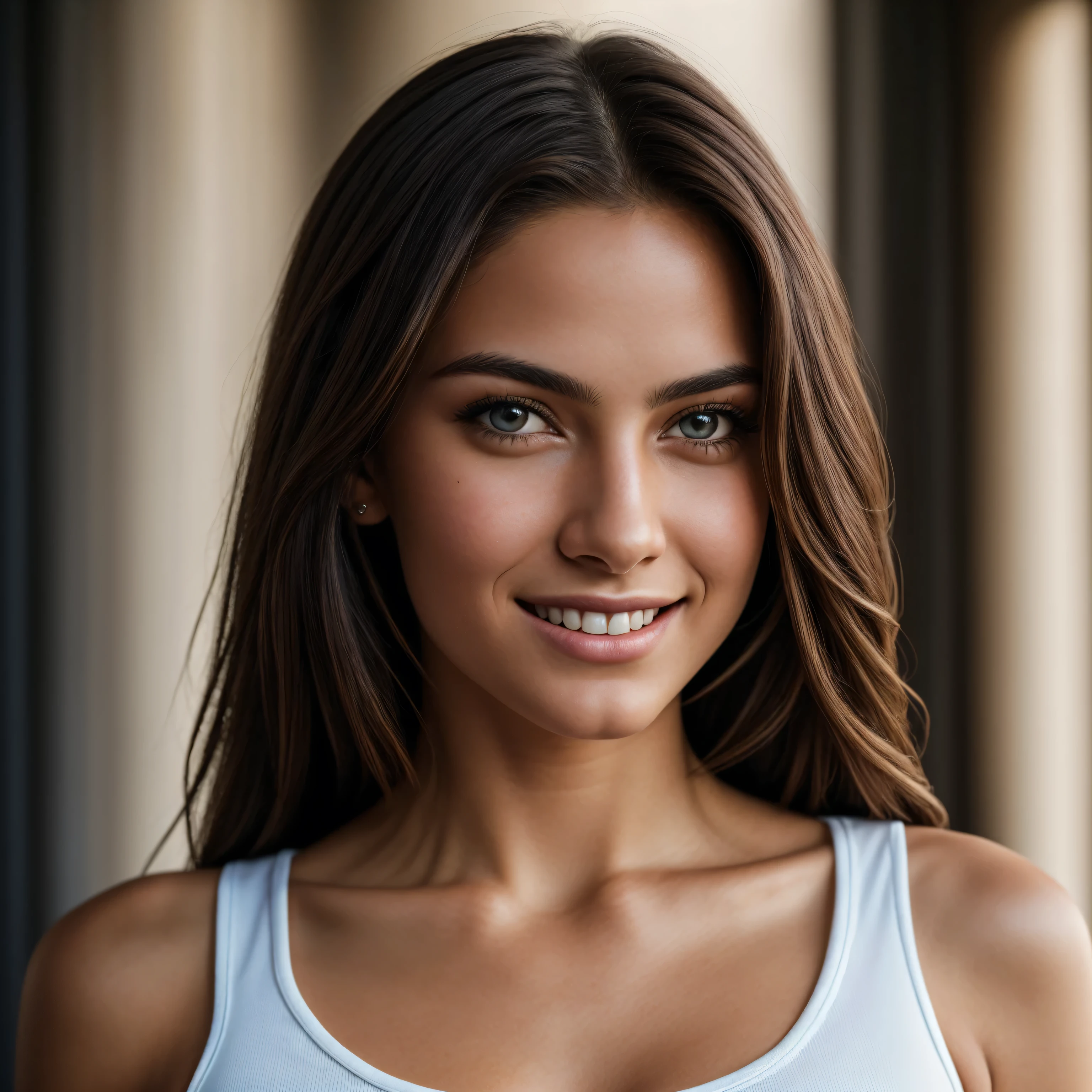 Ultra-realistic portrait of a woman, highly detailed, 21 years old, Mediterranean girl, tanned skin, brown eyes, wearing white tank top, slightly pronounced facial feature, skin texture, in a day light, hyper-detailed skin texture, high-resolution, 8k, intricate details, photorealism, professional photography, sharp focus, depth of field, Smiling, looking the camera, brown hair, beautiful eyes, cinematic lighting, masterpiece, (natural skin texture), (soft light shadows), (full frame portrait).