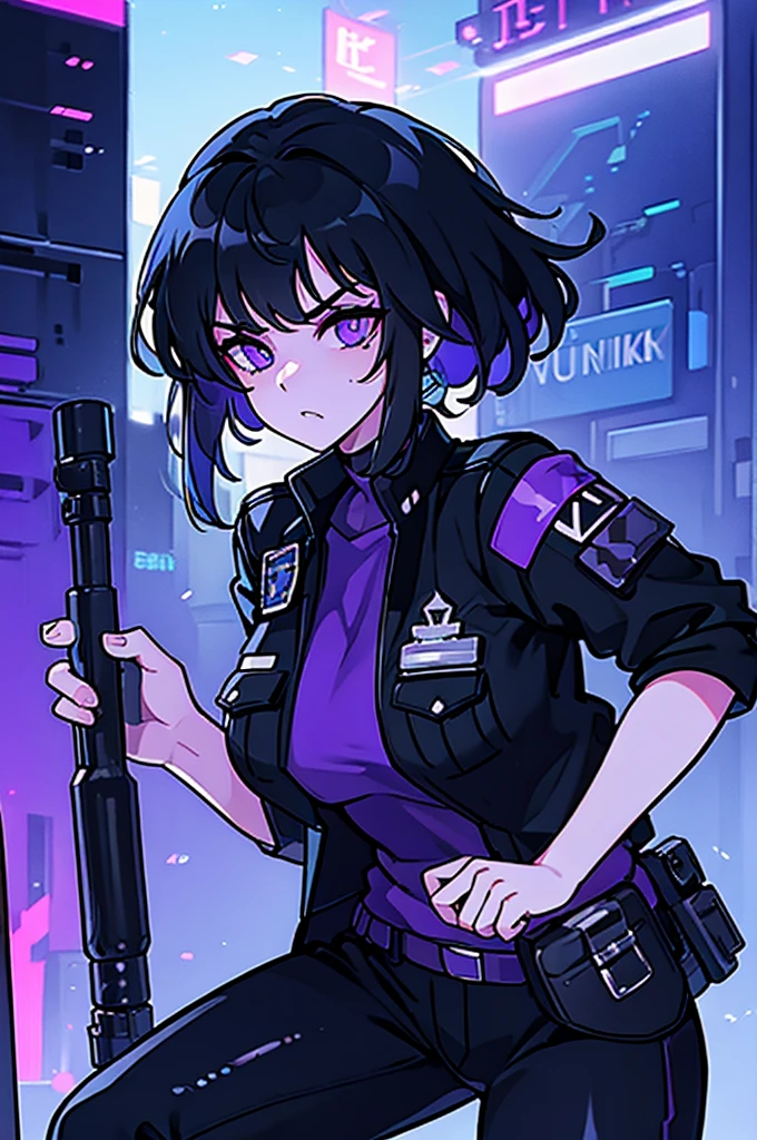 ((best quality, 8k)), ((alone)), 1 Beautiful girl, police officer, black hair, purple eyes, serious face, police outfit, black jacket, black pants, leather boots. cyberpunk city in the background, blue sky.