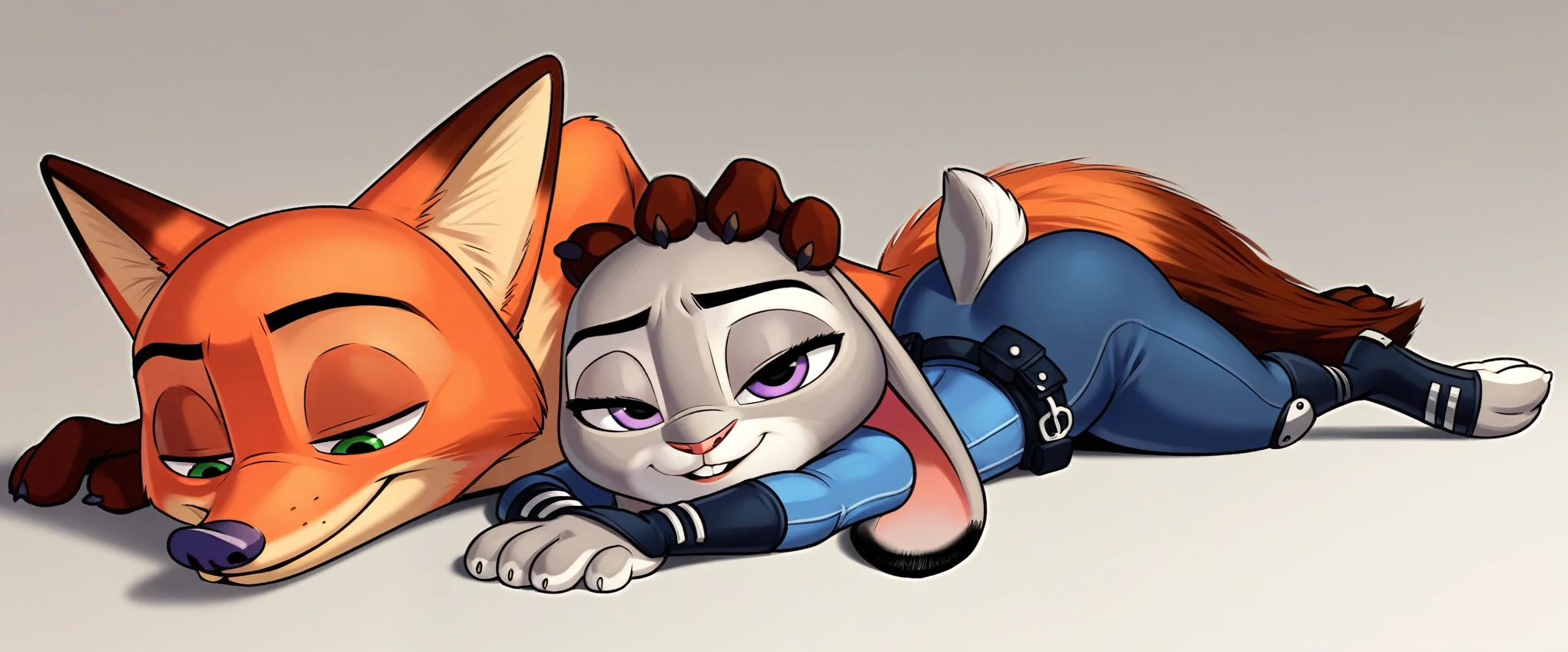 By disney pixar, 3d, duo, by qupostuv35, macro, ((judy hopps, lying face down)), female, zootopia, Police uniform, thigh crushing, (break, (micro nick wilde's head between Judy's thighs)), butt, judy's thighs