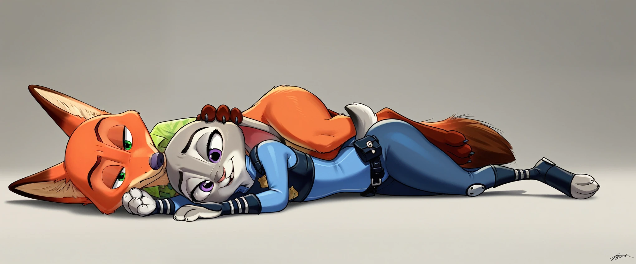 By disney pixar, 3d, duo, by qupostuv35, macro, ((judy hopps, lying face down)), female, zootopia, Police uniform, thigh crushing, (break, (micro nick wilde's head between Judy's thighs)), butt, judy's thighs