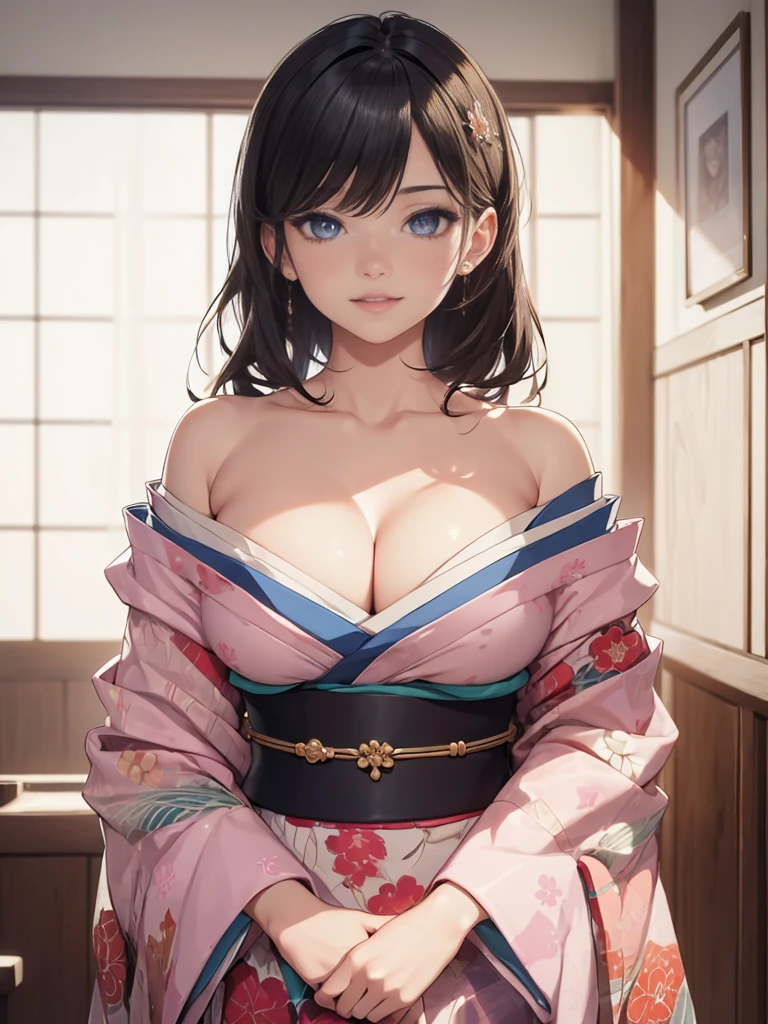 ((1girl, solo)), (large breasts:1.5), beautiful body, (perfect anatomy, perfect body, perfect hands, perfect legs), natural proportions, sexy body, standing, own hands together BREAK 

((extremely detailed face)), (beautiful detailed eyes:1.6), (realistic pupils, realistic iris:1), expressive eyes, looking at viewer, (clear eyes:1.3), (hyperrealistic:1.2), (detailed skin texture:1.2), smooth skin, black hair, long hair, (detailed lips:1.2), (attractive lips:1.1), (glossy lips:1.1), ((smile)), parted lips, perfect face, perfect eyes BREAK

japanese clothes, kimono, off shoulder, collarbone, cleavage, long sleeves, wide sleeves, sash, obi BREAK

(masterpiece:1.5), anime-style, top quality, best quality, (beautiful and aesthetic:1.2), (ultra detail:1.5), Ultra-detailed depiction, Ultra-precise depiction, extremely detailed 8k illustration, high resolution, (highly detailed shading:1.2), (realistic lighting:1.4), perfect lighting, vibrant colors, dynamic tones, striking hues, 8k, absurd resolution, perfect shadows, hdr, UHD, ambient lighting, realistic, ultra-realistic, photo realistic, highly detailed, rich detail, luminous colors, fine texture, intricate design, professional illustration, (soft light:1.2), (illustration:0.7)