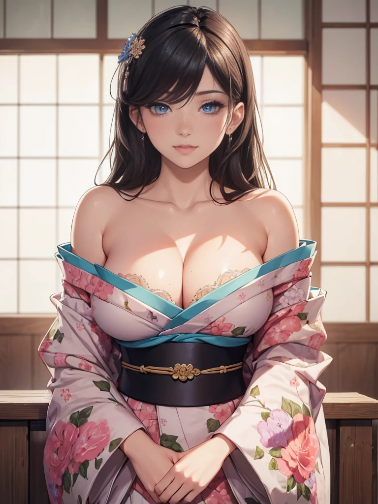 ((1girl, solo)), (large breasts:1.5), beautiful body, (perfect anatomy, perfect body, perfect hands, perfect legs), natural proportions, sexy body, standing, own hands together BREAK
((extremely detailed face)), (beautiful detailed eyes:1.6), (realistic pupils, realistic iris:1), expressive eyes, looking at viewer, (clear eyes:1.3), (hyperrealistic:1.2), (detailed skin texture:1.2), smooth skin, black hair, long hair, (detailed lips:1.2), (attractive lips:1.1), (glossy lips:1.1), ((smile)), parted lips, perfect face, perfect eyes BREAK
japanese clothes, kimono, off shoulder, collarbone, cleavage, long sleeves, wide sleeves, sash, obi BREAK
(masterpiece:1.5), anime-style, top quality, best quality, (beautiful and aesthetic:1.2), (ultra detail:1.5), Ultra-detailed depiction, Ultra-precise depiction, extremely detailed 8k illustration, high resolution, (highly detailed shading:1.2), (realistic lighting:1.4), perfect lighting, vibrant colors, dynamic tones, striking hues, 8k, absurd resolution, perfect shadows, hdr, UHD, ambient lighting, realistic, ultra-realistic, photo realistic, highly detailed, rich detail, luminous colors, fine texture, intricate design, professional illustration, (soft light:1.2), (illustration:0.7)