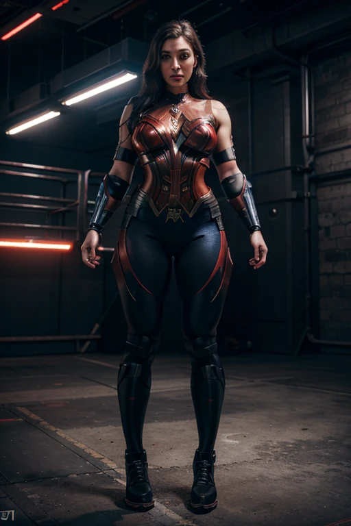 beautiful cyborg chubby woman, full body standing, red leggings, wonder woman, highly detailed, ultra-realistic, 8k, photorealistic, professional digital art, dramatic lighting, cinematic colors, dynamic pose, intricate machinery and cybernetic enhancements, glowing eyes, sharp focus, hyper detailed