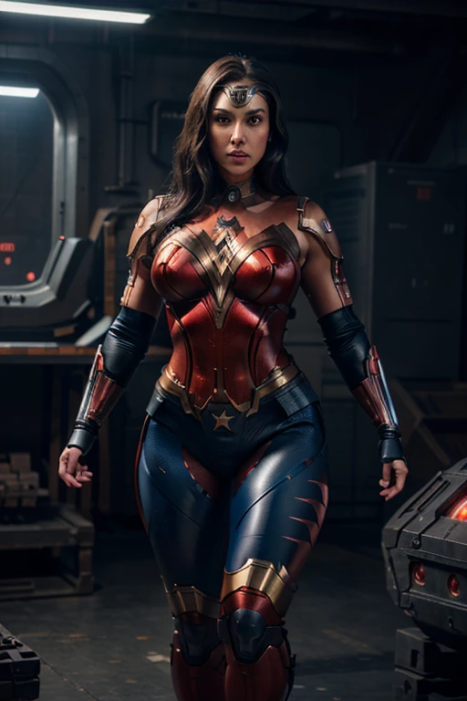 beautiful cyborg chubby woman, full body standing, red leggings, wonder woman, highly detailed, ultra-realistic, 8k, photorealistic, professional digital art, dramatic lighting, cinematic colors, dynamic pose, intricate machinery and cybernetic enhancements, glowing eyes, sharp focus, hyper detailed