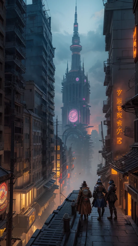 a group of people standing on top of a tall building, tekkon kinkret, tekkonkinkreet, tekkon kinkreet), brown cloak, scene from the movie Bladerunner, coruscant, diesel punk, cloudpunk, solarpunk style, platform science fiction, post-apocalyptic coruscant, Solarpunk,a group of people walking on an old cyberpunk street with a machine castle in the background of steampunk city,ancient cyberpunk city, old steampunk, matte painting, fantasy matte, gorgeous matte paintings, epic cinematic,View from below.bioshock style,steampunk Bioshock.