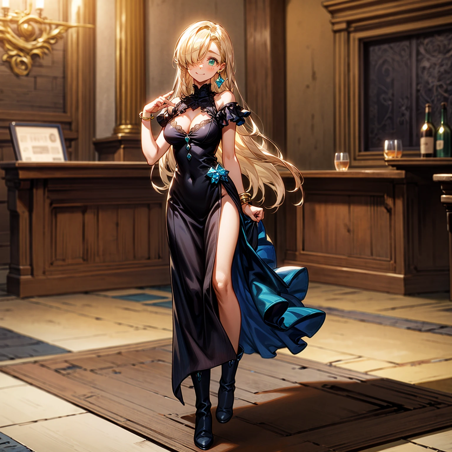 Solo character, full body version, girl, blonde hair, long haircut, one eye covered by hair, green eyes, cute face, sad eyes, smile mouth, long dress, lingerie, black dress, gold bracelet, blue diamond earrings, boots, standing gesture, indoor room bar, detailed background, detailed clothing, detailed hair, detailed face, standing gesture, Big breasts