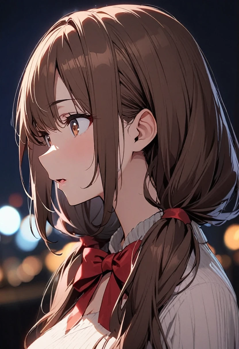 Solo, 1girl, Long Hair,  brown hair, brown eyes,  mature, high detail, tsundere, night background, low twin tails, red bow, high detail, beautiful eyes, beautiful color