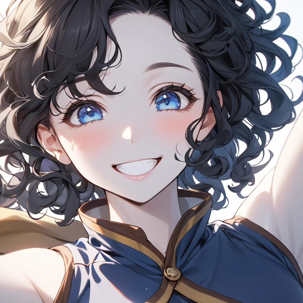 1 girl,black hair,blue eyes, curly hair, white skin,(((fit body))),(happy expression), cowgirl clothes (close up)