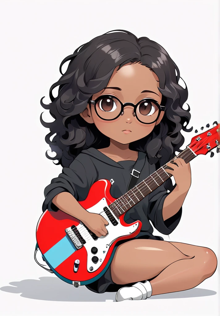 high resolution,best quality,naturals, 
Illustrator without black lines, black contour lines, or black line drawings, flat illustration e monocromática, coloring similar to foreign animation, Chibi character, アニメ, fluffly, full body illustration, Deformed illustration,  Kizi, wear glasses, sitting holding a guitar with white and black as precious colors, flat illustration, Simpler, minimalism, White background,, afro hair, darkskin,, without bangs, skin black.