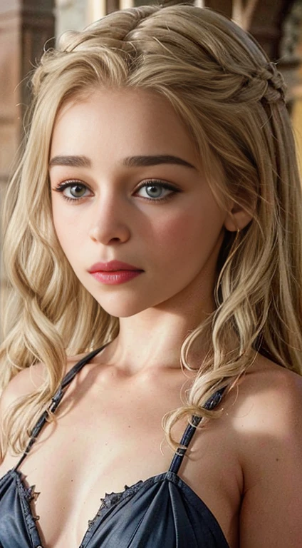 Masterpiece, Best Quality, Super Detailed, High Definition, Expensive Resolution, HDR, Super Detailed CG, Beautiful Details, Depth, Fine Texture, Super Fine, Complete concentration, (Emilia Clarke), sexy, pale skin, blue eyes, smirk, (holding a giant strawberry), vibrant colors, detailed eyes, highly detailed, fine detail, intricate details, volumetric lighting, Em1l14Cl4rk3_HM-135, dld_emclarke