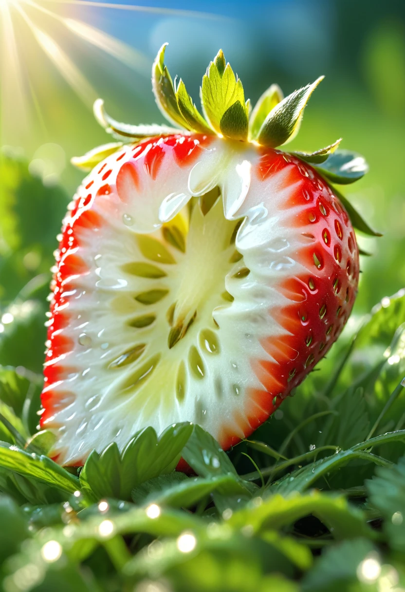 strawberry,sweet strawberry, ripe strawberry, juicy strawberry, lush green grass, sunlight, vibrant colors, photorealistic, ultra-detailed,(realistic,photorealistic,photo-realistic:1.37),HDR,studio lighting,extreme detail description,vivid colors,bokeh