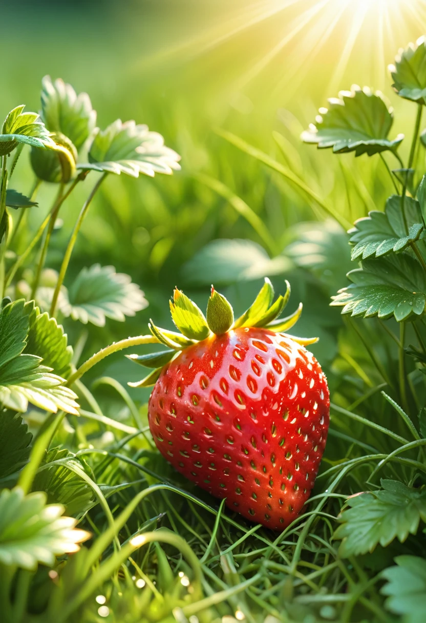 strawberry,sweet strawberry, ripe strawberry, juicy strawberry, lush green grass, sunlight, vibrant colors, photorealistic, ultra-detailed,(realistic,photorealistic,photo-realistic:1.37),HDR,studio lighting,extreme detail description,vivid colors,bokeh