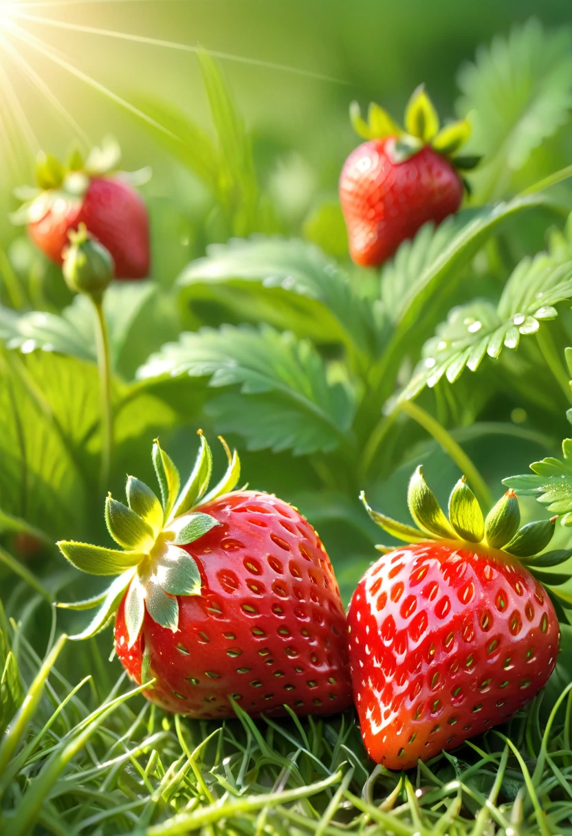 strawberry,sweet strawberry, ripe strawberry, juicy strawberry, lush green grass, sunlight, vibrant colors, photorealistic, ultra-detailed,(realistic,photorealistic,photo-realistic:1.37),HDR,studio lighting,extreme detail description,vivid colors,bokeh