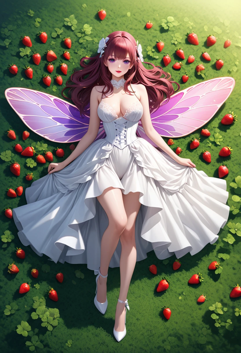 a portrait of a female fairy resting in a (field of strawberries: 1.3) extremely beautiful fairy, ((full body: 1.5)), ((anatomically correct: 1.5)), (ultra detailed face: 1.2),ultra feminine, busty, best detailed face, dynamic hair color, dynamic hair style dynamic skin complexion, shy smile, innocent smile, blue eyes, dark red lips, wearing ((white: 1.5)) lace dress, elegant dress, fairy dress, corset, dynamic elegant shirt, chocker, wearing high heels, spread large butterfly wings, (white and purple eyes: 1.3)in a (field of strawberries : 1.3), field of strawberries background, vibrant, Ultra-high resolution, High Contrast, (masterpiece:1.5), highest quality, Best aesthetics), best details, best quality, highres, 16k, (ultra detailed: 1.5), masterpiece, best quality, (extremely detailed) RAW, (ultra details, Masterpiece, best quality), Hyperrealism style,DonMF41ryW1ng5XL, ZipFile Comi Style