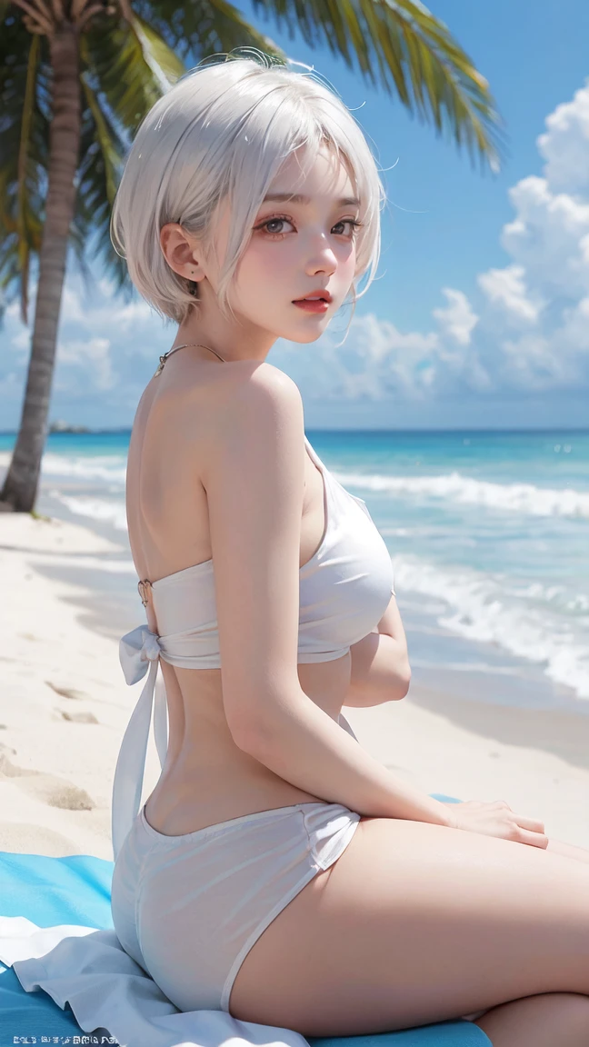 Female in her 20s, Silver-haired hair, Bright beach, naked, Spread your legs towards the camera,, (angle from below:1.0), mini-skirt, Genital pubic hair, Genital POV