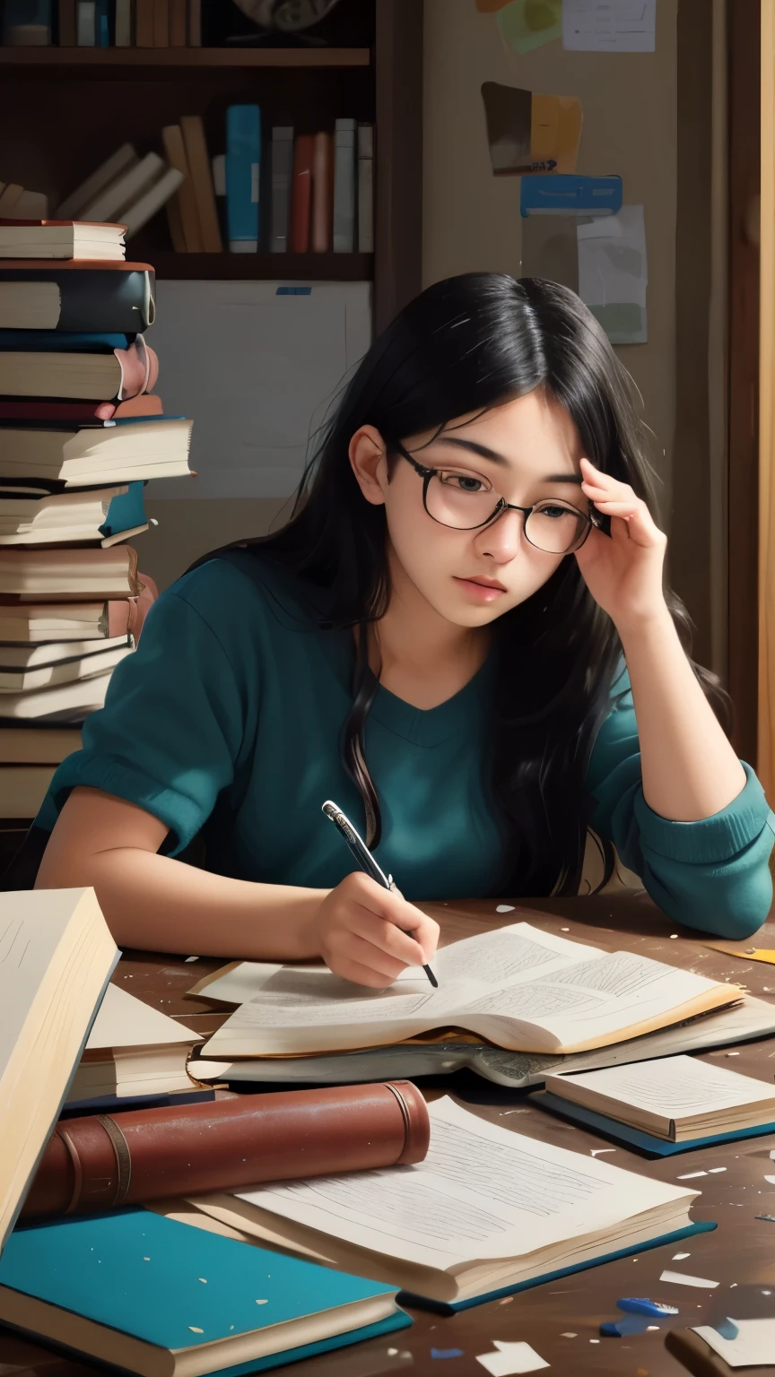 ((best quality)), ((masterpiece)), (detailed), A digital illustration of a  girl studying with books and notes scattered around her in a messy but determined manner. She has long black hair and is wearing glasses.