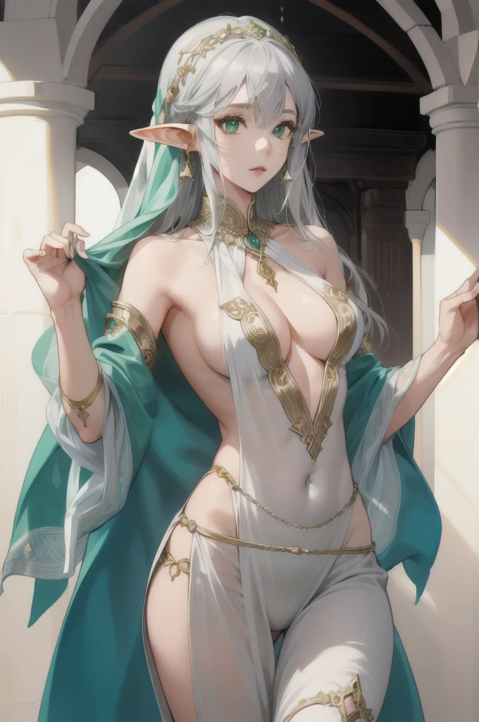 (Absurd, High resolution, Super detailed), (One girl:1.3), Gray Hair,Elf、sexy、Arabian dancer in white costume、Gold Accessories、Green Eyes、whole body、Gaze,