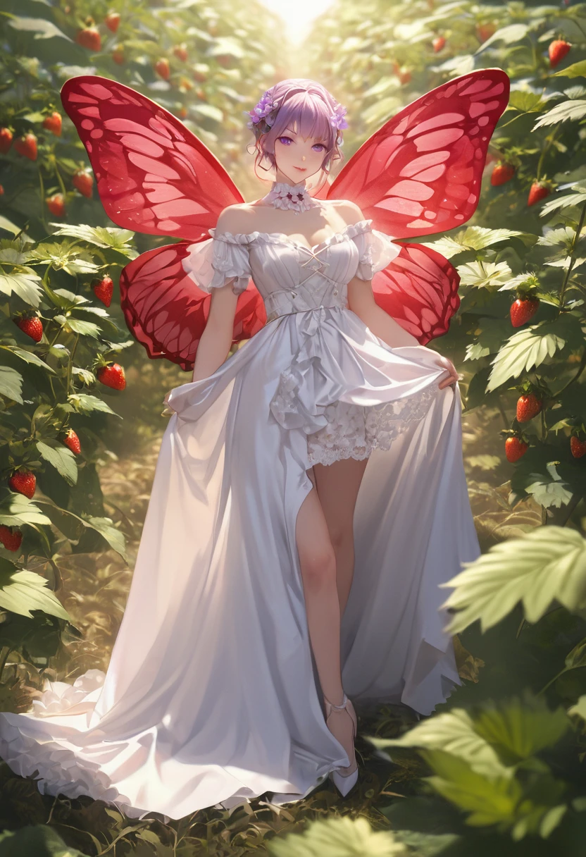 a portrait of a female fairy resting in a (field of strawberries: 1.3) extremely beautiful fairy, ((full body: 1.5)), ((anatomically correct: 1.5)), (ultra detailed face: 1.2),ultra feminine, busty, best detailed face, dynamic hair color, dynamic hair style dynamic skin complexion, shy smile, innocent smile, blue eyes, dark red lips, wearing ((white: 1.5)) lace dress, elegant dress, fairy dress, corset, dynamic elegant shirt, chocker, wearing high heels, spread large butterfly wings, (white and purple eyes: 1.3)in a (field of strawberries : 1.3), field of strawberries background, vibrant, Ultra-high resolution, High Contrast, (masterpiece:1.5), highest quality, Best aesthetics), best details, best quality, highres, 16k, (ultra detailed: 1.5), masterpiece, best quality, (extremely detailed) RAW, (ultra details, Masterpiece, best quality), Hyperrealism style,DonMF41ryW1ng5XL