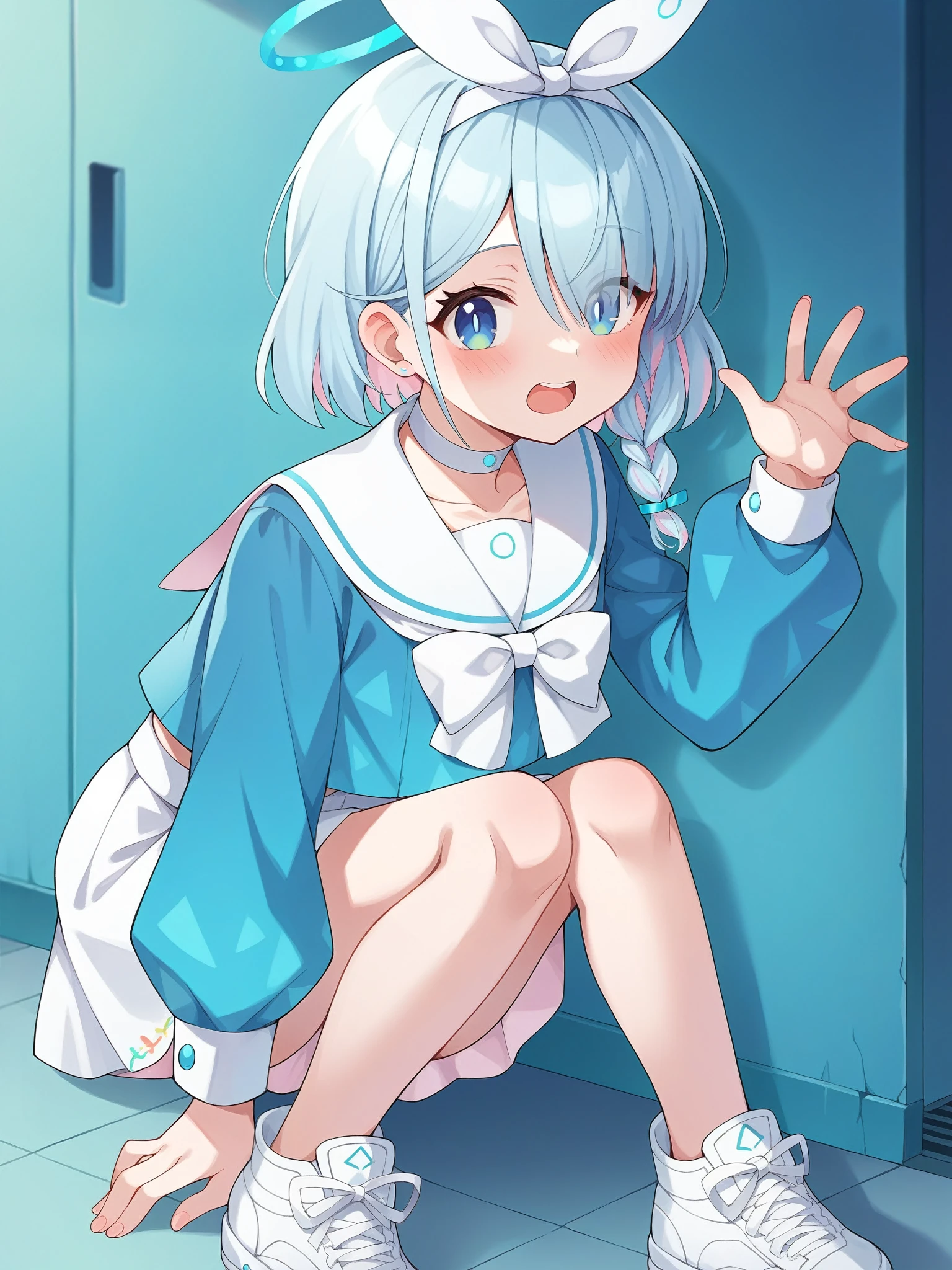 score_9, score_8_up, score_7_up, score_6_up, score_5_up, score_4_up, BREAK, source_cartoon, source_anime,
1girl, solo, arona \(blue archive\),blue eyes, blue hair,braid,bow hairband,halo,choker,white sailor collar,white skirt,white sneakers,