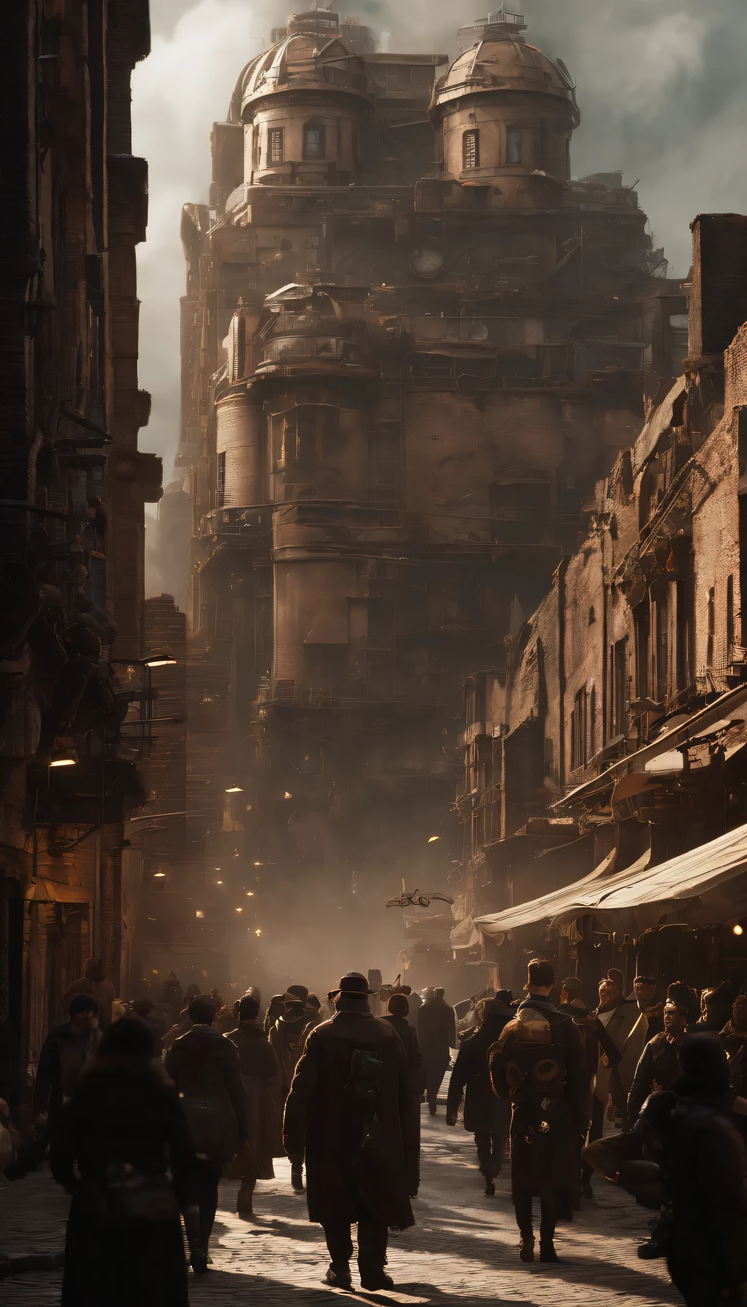 a group of people standing on top of a tall building, tekkon kinkret, tekkonkinkreet, tekkon kinkreet), brown cloak, scene from the movie Bladerunner, coruscant, diesel punk, cloudpunk, solarpunk style, platform science fiction, post-apocalyptic coruscant, Solarpunk,a group of people walking on an old cyberpunk street with a machine castle in the background of steampunk city,ancient cyberpunk city, old steampunk, matte painting, fantasy matte, gorgeous matte paintings, epic cinematic,View from below.bioshock style,steampunk Bioshock.