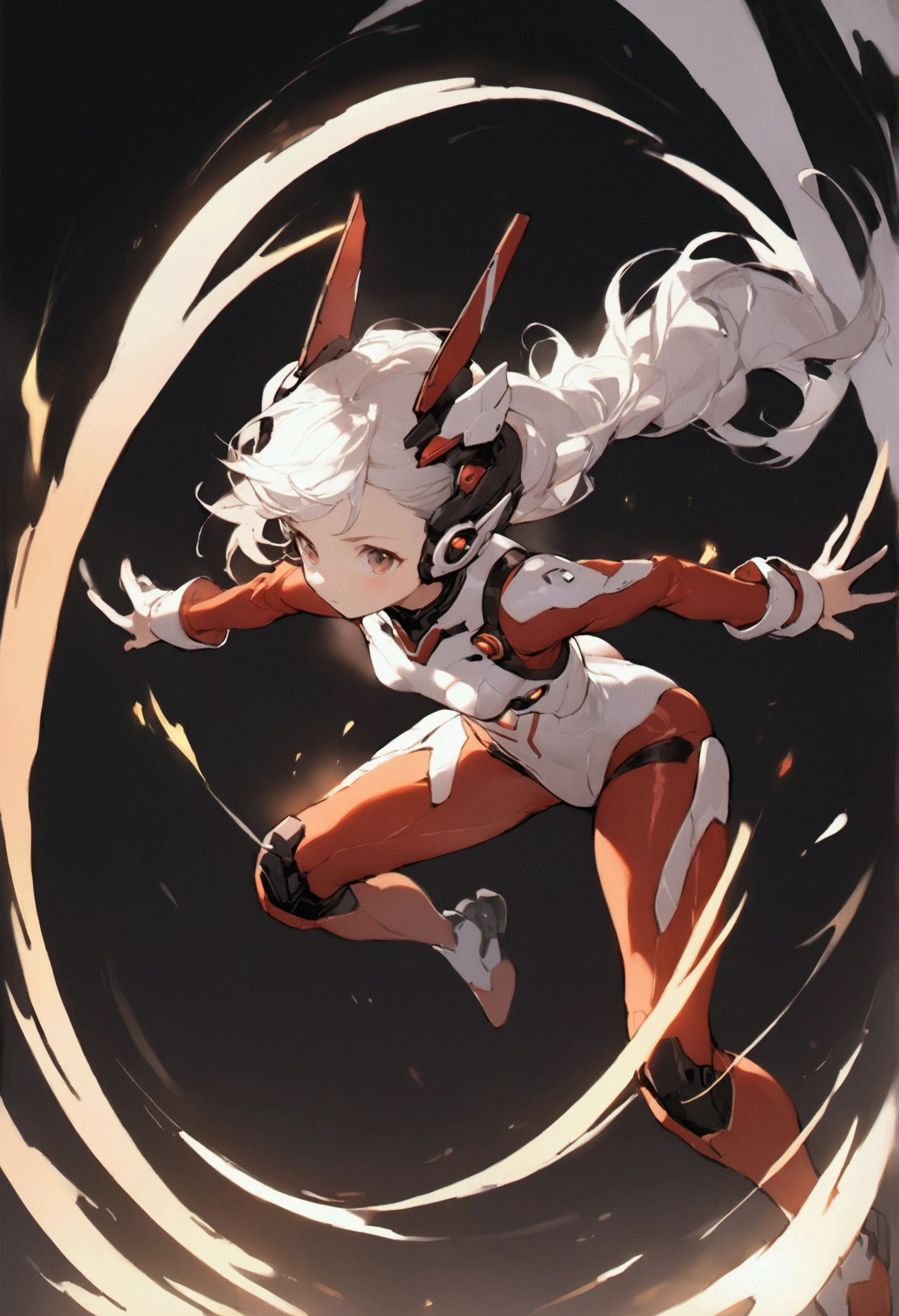 1girl, solo, (adolescent:1.4), small_breasts, short white hair with bright neon streak, hair in motion, mecha headgear expressive poses, full-body, bright LED, skin-tight flight suit, simple background.