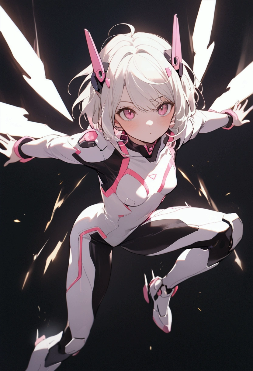 1girl, solo, (adolescent:1.4), small_breasts, short white hair with bright neon streak, hair in motion, mecha headgear expressive poses, full-body, bright LED, skin-tight flight suit, simple background.