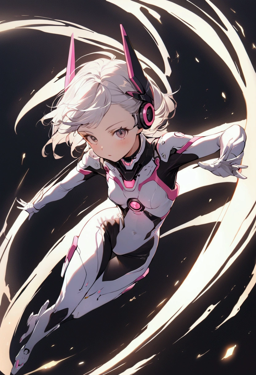 1girl, solo, (adolescent:1.4), small_breasts, short white hair with bright neon streak, hair in motion, mecha headgear expressive poses, full-body, bright LED, skin-tight flight suit, simple background.