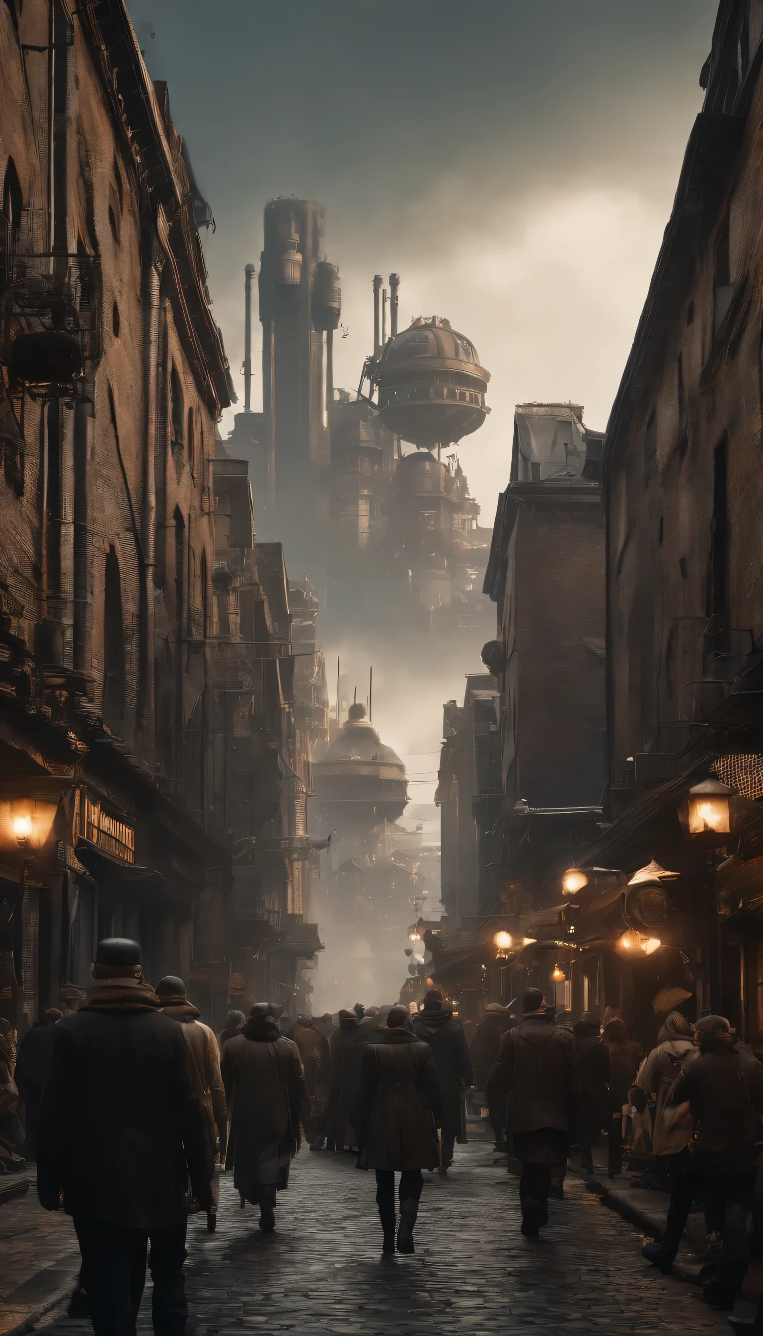 a group of people standing on top of a tall building, tekkon kinkret, tekkonkinkreet, tekkon kinkreet), brown cloak, scene from the movie Bladerunner, coruscant, diesel punk, cloudpunk, solarpunk style, platform science fiction, post-apocalyptic coruscant, Solarpunk,a group of people walking on an old cyberpunk street with a machine castle in the background of steampunk city,ancient cyberpunk city, old steampunk, matte painting, fantasy matte, gorgeous matte paintings, epic cinematic,View from below.bioshock style,steampunk Bioshock.