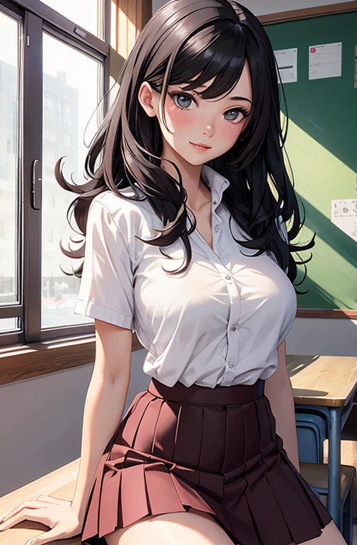 masterpiece, best quality, best lighting, shadows, perfect anatomy, ((open legs showing pussy)), 1 girl, adult anime girl, 21 years old, mature features, bitchy face, pretty lips, pretty eyes, black wavy hair, black eyes, seductive eyes, blushing, flirty, pretty smile, tiny red skirt, white tight shirt, classroom background, ass, breast, thighs, seductive, spicy, hot, flirty, nsfw,