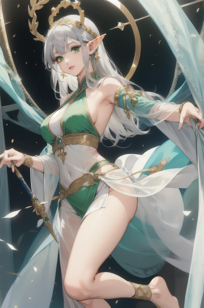 (Absurd, High resolution, Super detailed), (One girl:1.3), Gray Hair,Elf、sexy、Arabian dancer in white costume、Gold Accessories、Green Eyes、whole body、Gaze, Bangs, Hime cut,