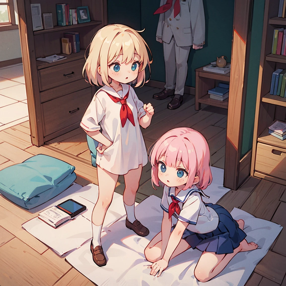 Three completely naked girls, eight years old, next to them are their school clothes lying on the ground. They are much less than a meter tall, and they are innocent and looking curiously. One has pink hair, the other has blond hair, and the other has white hair.
