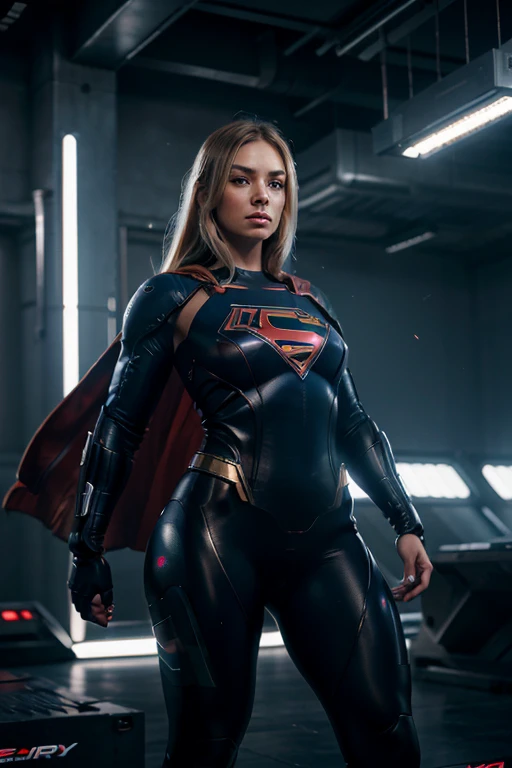 beautiful cyborg chubby blonde woman, full body standing, leggings, supergirl, highly detailed, ultra-realistic, 8k, photorealistic, professional digital art, dramatic lighting, cinematic colors, dynamic pose, intricate machinery and cybernetic enhancements, glowing eyes, sharp focus, hyper detailed