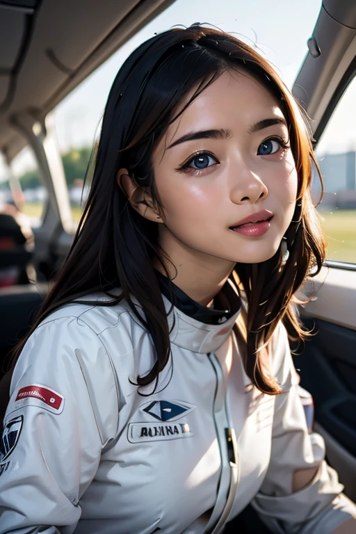 Highest quality High resolution Simple F1 Grand Prix Racecourse Cute girl driver Beautiful face Race Queen 20 years old Long sleeve (( head to waste ))