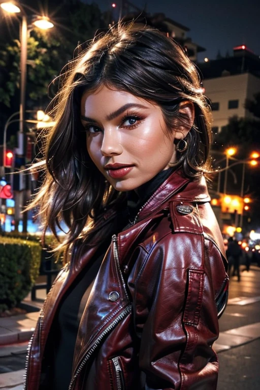 Best quality, realistic, from the front in first person, KristannaTX on a Los Angeles city street, (a female mexican Supermodel), (sexy wine red leather jacket:1.1), split, seductive smile, (dark hair), (hairstyle:1.0), Perfect eyes, sharp parts, detailed face, face-makeup, cheeks turn red, Eyeliner, eyeshadow, lip gloss, Supermodel, (Deep Focus), (hard lighting), (Night time), (realistic lighting:1.0)