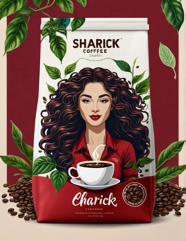 coffee bag, with title ZHARICK COFFEE and design with coffee plants with beans, with a barista woman with long curly hair and white skin coming out of a coffee bean with red colors