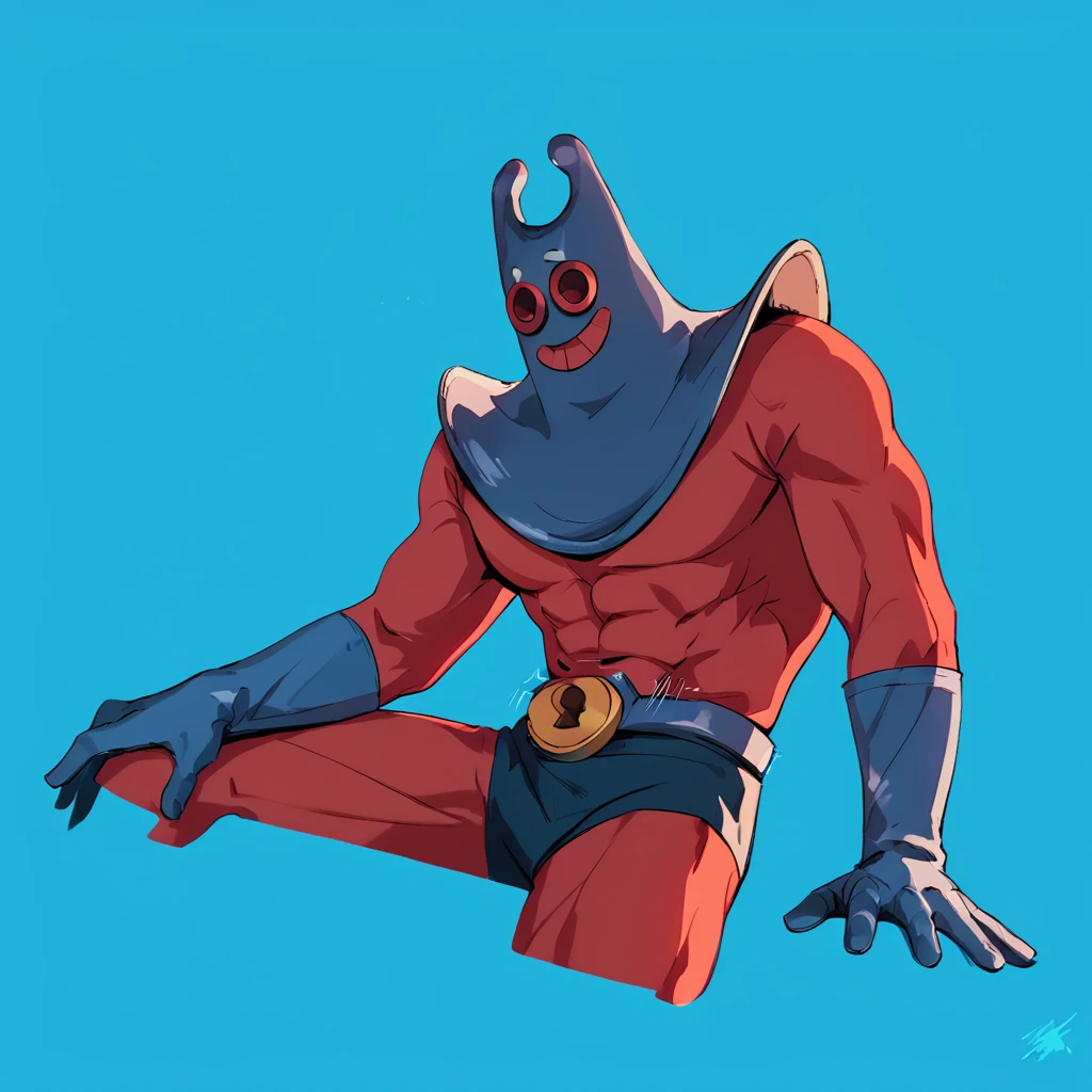 1boy, m4nr4y, solo, male focus, red bodysuit, blue gloves, mask, muscular, nsfw, sex, gay, (high quality, realistic, 2.5d, subsurface scattering), blue background BREAK score_9_up, score_8_up, score_7_up, score_6_up, score_5_up