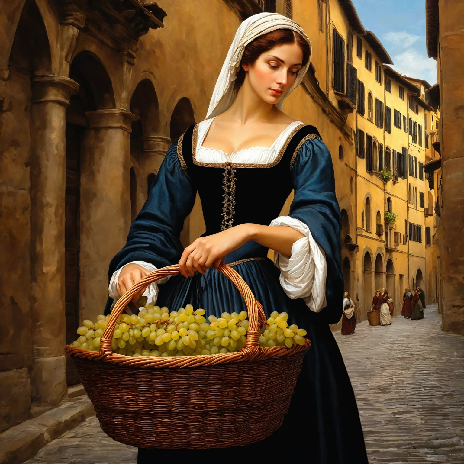 there is a woman holding a basket of grapes on a street, renaissance digital painting, in a renaissance style, renaissance style painting, renaissance oil painting, in a high renaissance style, in style of old painting, renaissance painting style, in a style blend of botticelli, cute woman, by Carlo Mense, italian renaissance, realistic spanish woman painting, renaissance art style