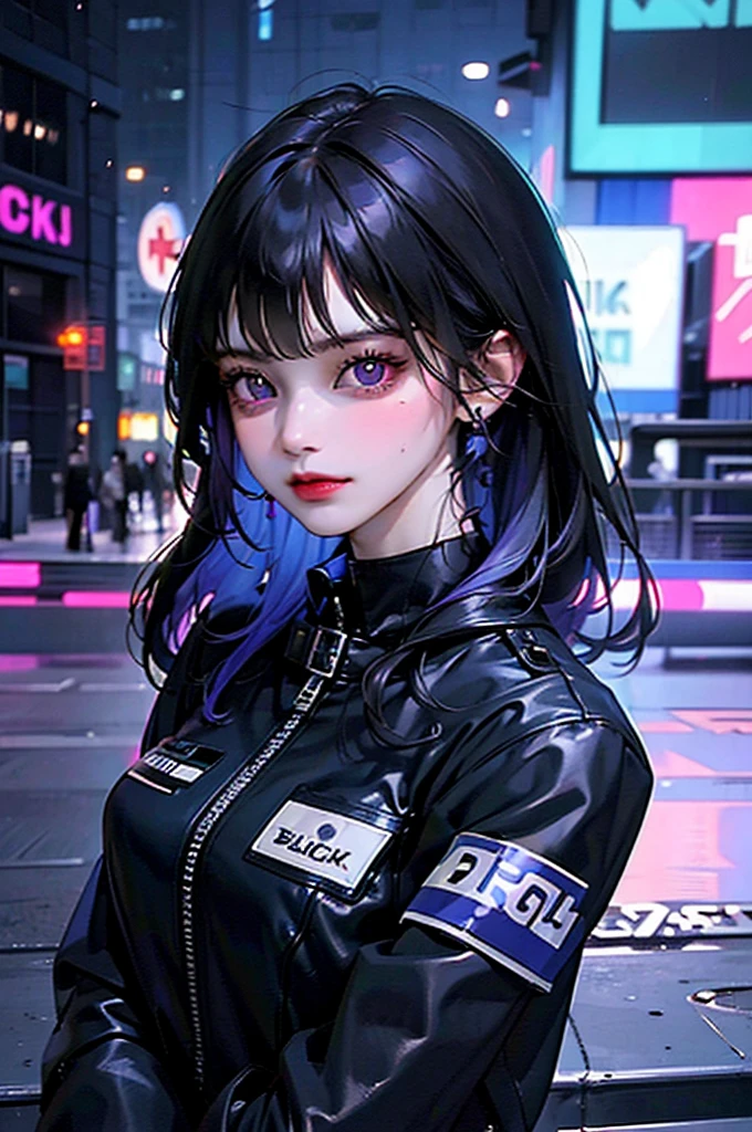 ((best quality, 8k)), ((alone)), 1 Beautiful girl, police officer, black hair, purple eyes, serious face, police outfit, black jacket, black pants, leather boots. cyberpunk city in the background, blue sky.