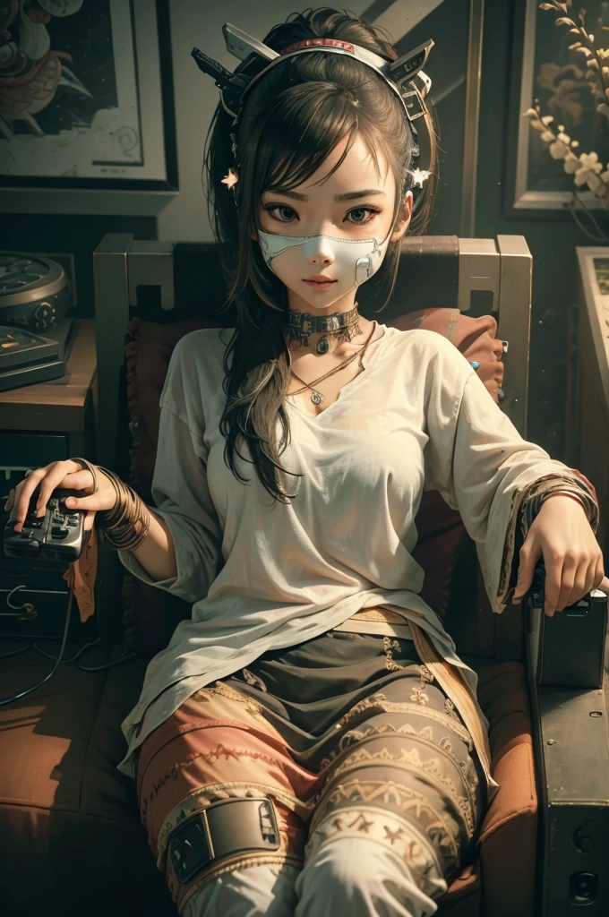 beautiful girl playing playstation , holding game controller sittng on the sofer , wearing cyborg mask, her is hand holding game controller, 4k detail, high resolution