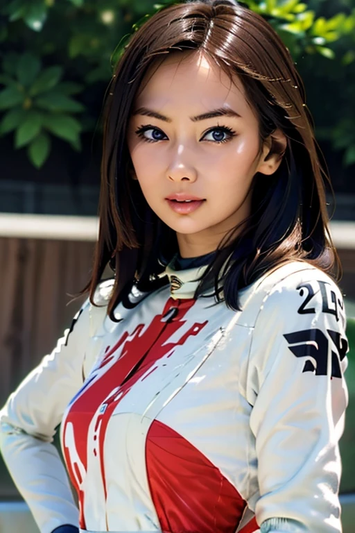 Highest quality　High resolution　Simple　F1 Grand Prix　Racecourse　Companion cute girl　Beautiful face　Race Queen　20 years old　head to waste 