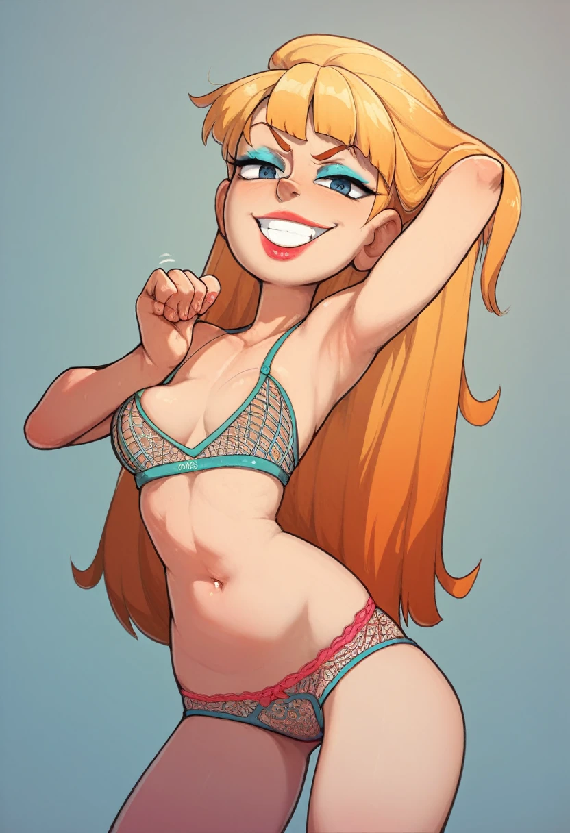 Welsh ager, solo, long ginger-blonde hair, squeezing her own bare breasts with her own hands, straight hair, long hair, navel, panties, armpits, lips, makeup, underwear only, lipstick, coy, smug, grin,