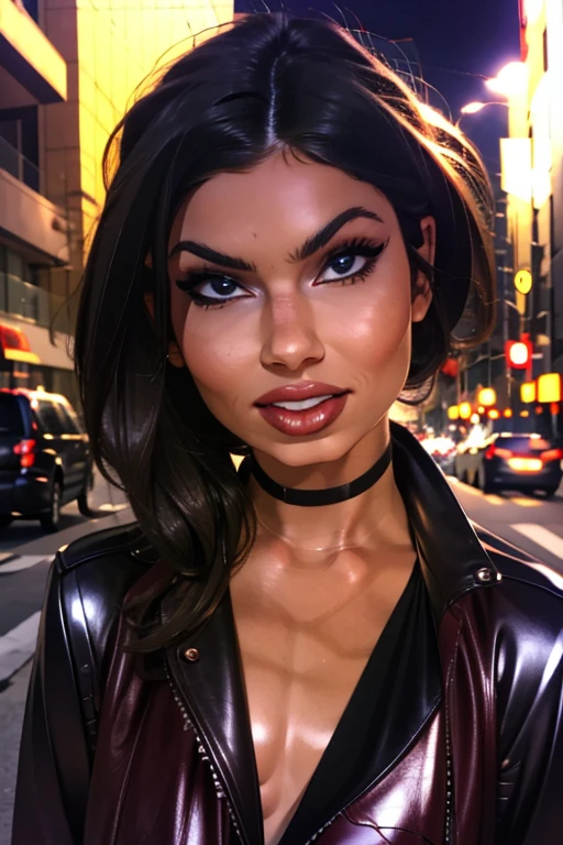 Best quality, realistic, from the front in first person, KristannaTX on a Los Angeles city street, (a female mexican Supermodel), (sexy wine red leather jacket:1.1), split, seductive smile, (dark hair), (hairstyle:1.0), Perfect eyes, sharp parts, detailed face, face-makeup, cheeks turn red, Eyeliner, eyeshadow, lip gloss, Supermodel, (Deep Focus), (hard lighting), (Night time), (realistic lighting:1.0)